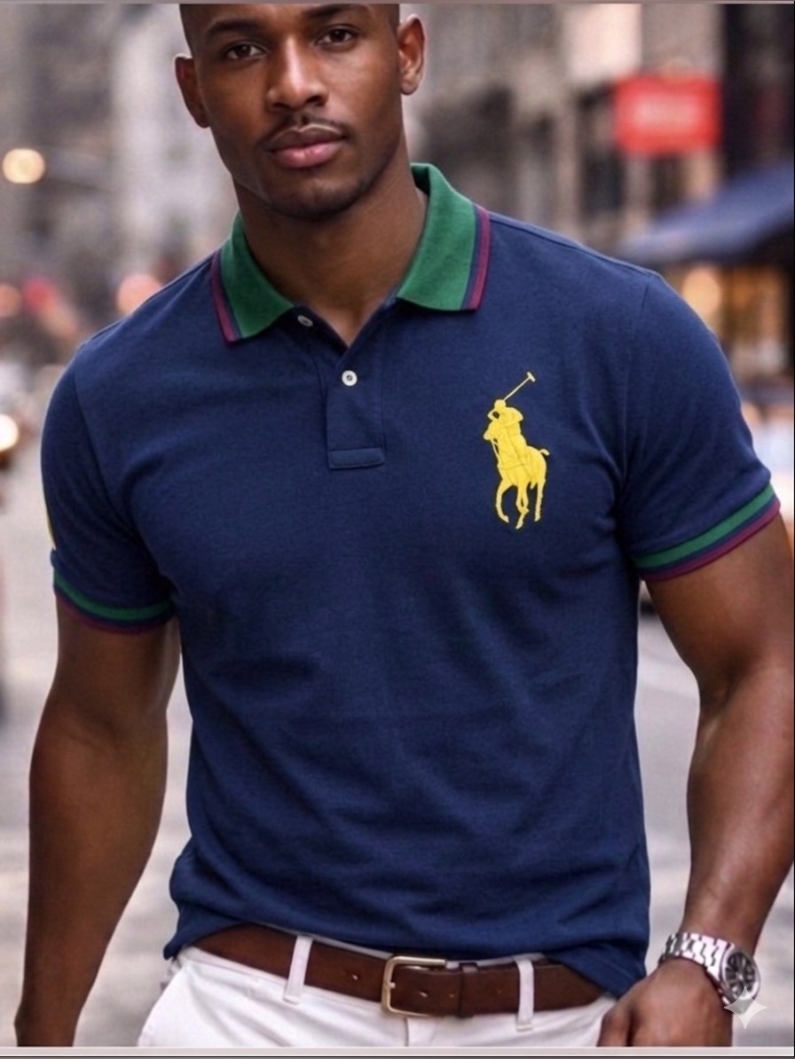 Polo By Ralph Lauren Navy Polo With Large Yellow Pony Logo And Green Collar